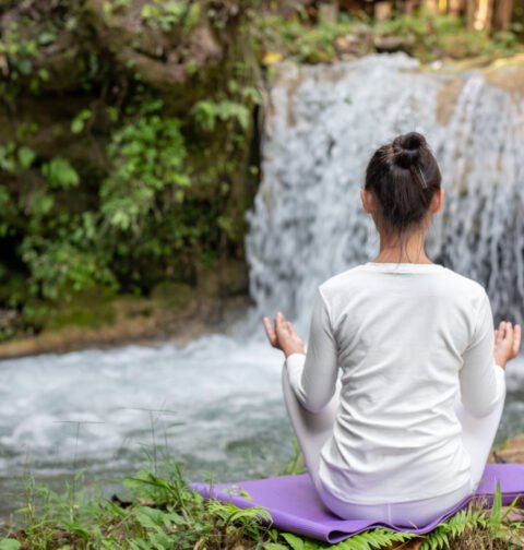 A peaceful garden setting representing a natural healing haven with herbal teas and plants.