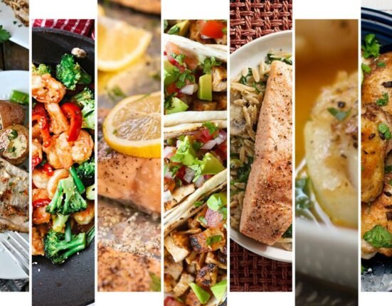 A variety of healthy whole foods laid out as part of a weight loss diet plan