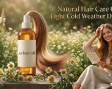 Assorted natural hair care oils like coconut oil, argan oil, and olive oil used for treating dry and damaged hair in cold winter weather.