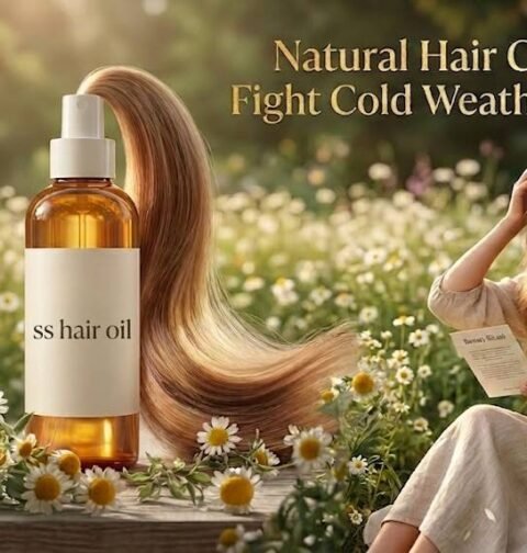 Assorted natural hair care oils like coconut oil, argan oil, and olive oil used for treating dry and damaged hair in cold winter weather.