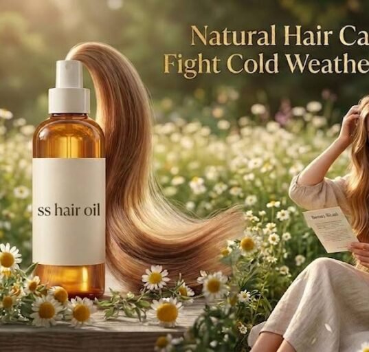 Assorted natural hair care oils like coconut oil, argan oil, and olive oil used for treating dry and damaged hair in cold winter weather.