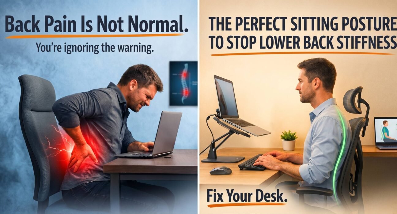 A person sitting with correct sitting posture at a desk to reduce lower back pain and improve spine alignment during long working hours.