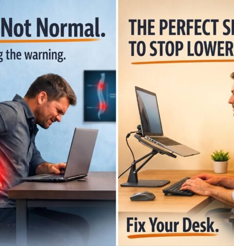 A person sitting with correct sitting posture at a desk to reduce lower back pain and improve spine alignment during long working hours.