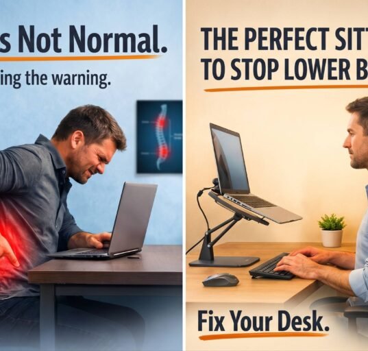 A person sitting with correct sitting posture at a desk to reduce lower back pain and improve spine alignment during long working hours.
