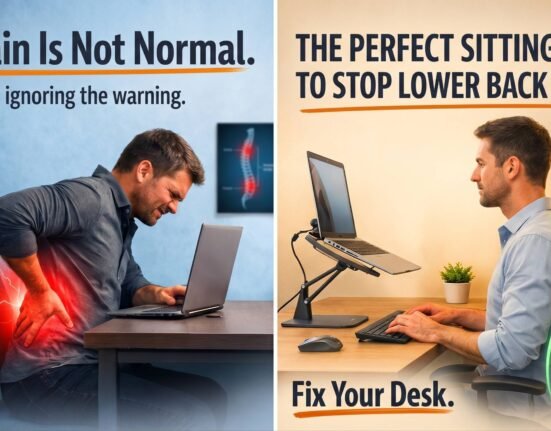 A person sitting with correct sitting posture at a desk to reduce lower back pain and improve spine alignment during long working hours.