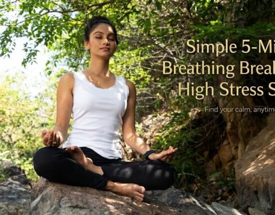 Person taking a calm 5-minute breathing break during a stressful work shift to reduce anxiety and improve focus naturally.