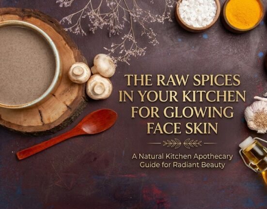 Natural raw spices from the kitchen used for glowing face skin and healthy beauty care at home.