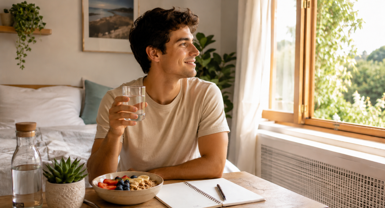 A man enjoying a calm morning routine with water, healthy breakfast, notebook, and fresh air from an open window.
