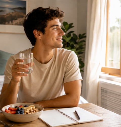 A man enjoying a calm morning routine with water, healthy breakfast, notebook, and fresh air from an open window.