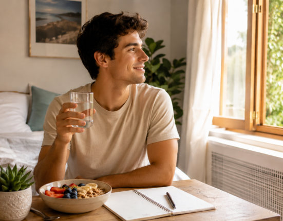 A man enjoying a calm morning routine with water, healthy breakfast, notebook, and fresh air from an open window.