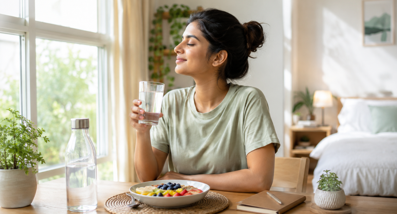 A peaceful morning wellness routine with a woman drinking water near a sunny window, fresh fruit breakfast, plants, journal, and a clean bedroom, showing simple daily habits for a healthy lifestyle.