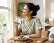 A peaceful morning wellness routine with a woman drinking water near a sunny window, fresh fruit breakfast, plants, journal, and a clean bedroom, showing simple daily habits for a healthy lifestyle.