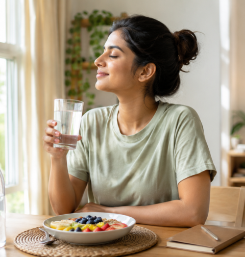 A peaceful morning wellness routine with a woman drinking water near a sunny window, fresh fruit breakfast, plants, journal, and a clean bedroom, showing simple daily habits for a healthy lifestyle.