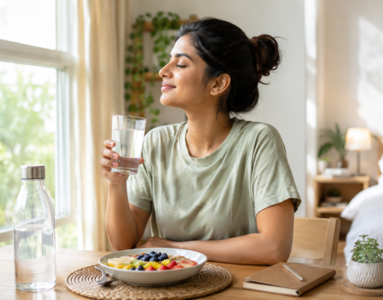 A peaceful morning wellness routine with a woman drinking water near a sunny window, fresh fruit breakfast, plants, journal, and a clean bedroom, showing simple daily habits for a healthy lifestyle.