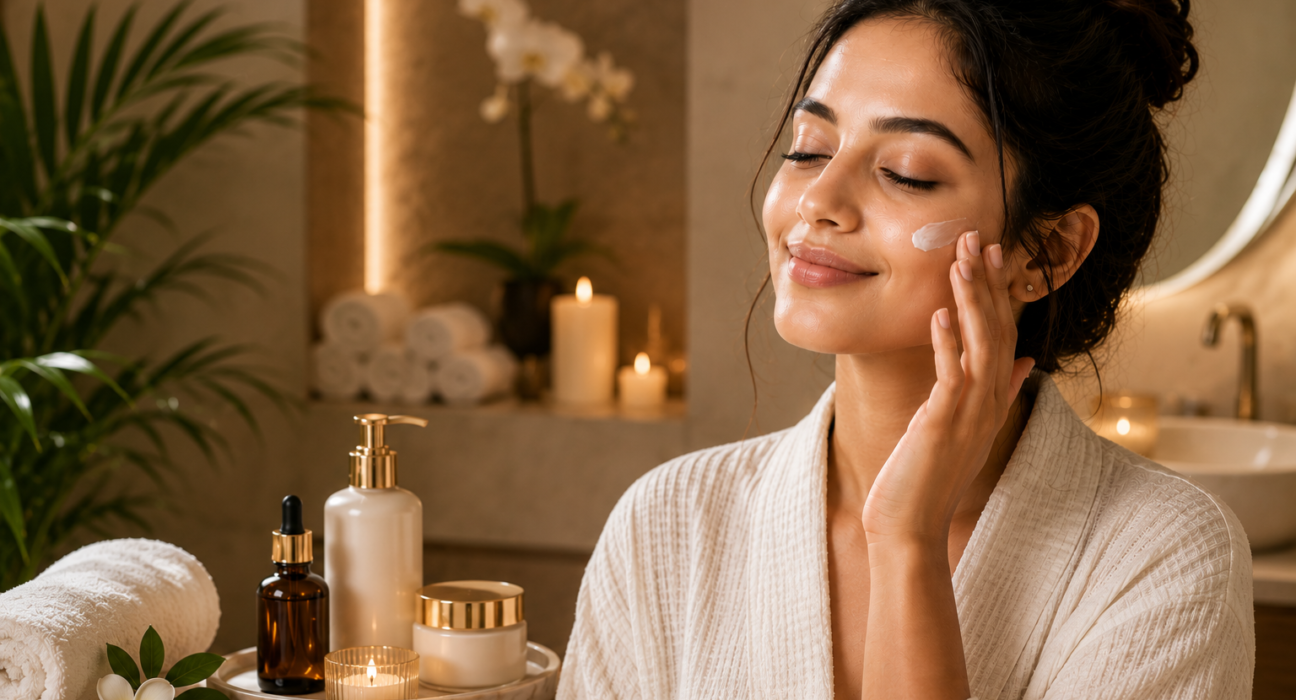 A woman applying face cream in a luxury spa setting with candles, towels, skincare products, plants, and warm golden lighting.
