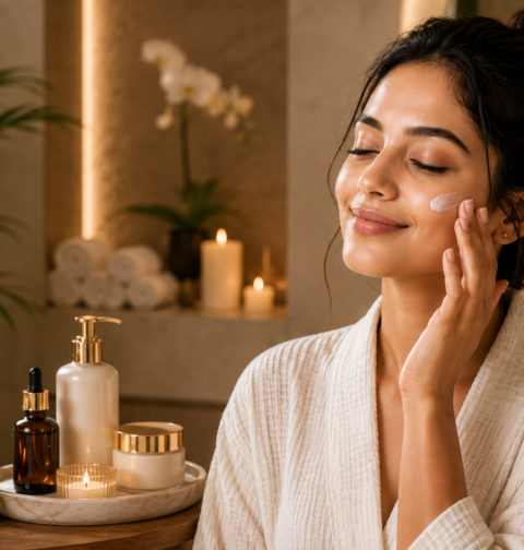 A woman applying face cream in a luxury spa setting with candles, towels, skincare products, plants, and warm golden lighting.