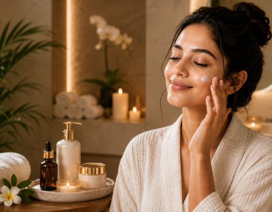 A woman applying face cream in a luxury spa setting with candles, towels, skincare products, plants, and warm golden lighting.