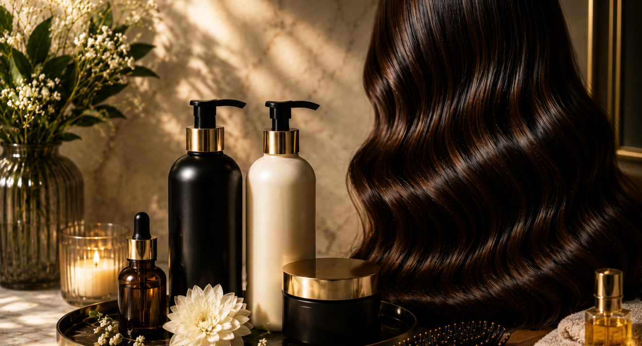 Hair care tips with premium shampoo, hair oil, brush, towel, and shiny healthy hair in a luxury spa setting.