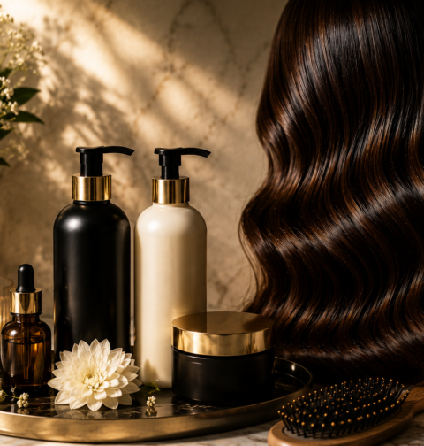 Hair care tips with premium shampoo, hair oil, brush, towel, and shiny healthy hair in a luxury spa setting.