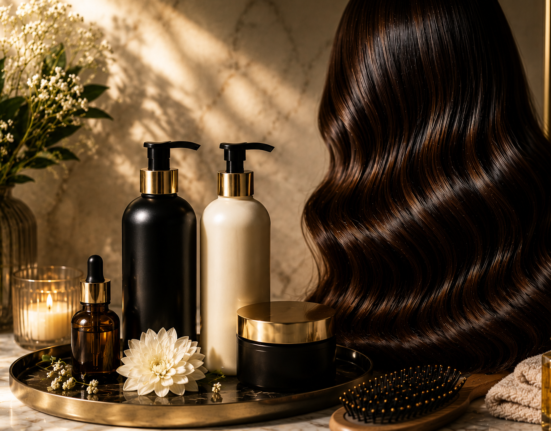 Hair care tips with premium shampoo, hair oil, brush, towel, and shiny healthy hair in a luxury spa setting.
