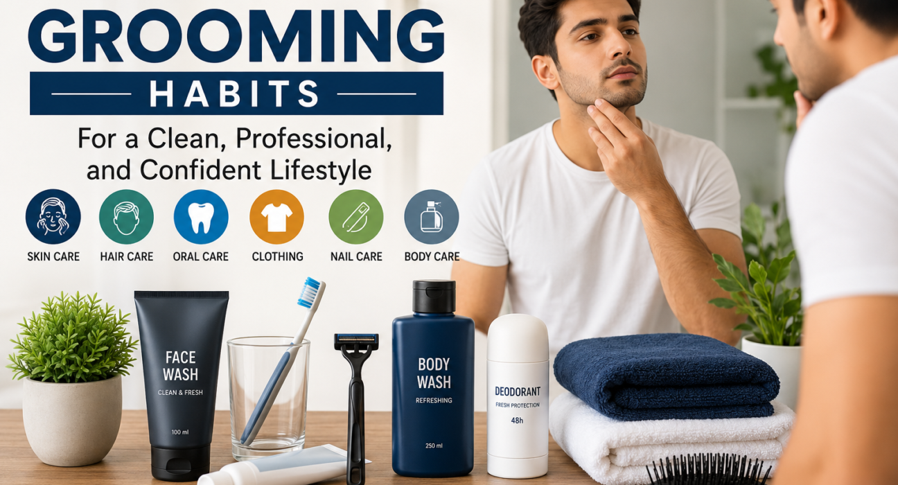 Daily grooming habits with toothbrush, razor, comb, towels, skincare products, and personal care essentials in a clean bathroom.