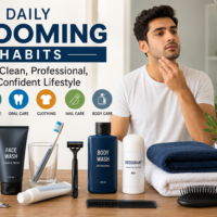 Daily grooming habits with toothbrush, razor, comb, towels, skincare products, and personal care essentials in a clean bathroom.