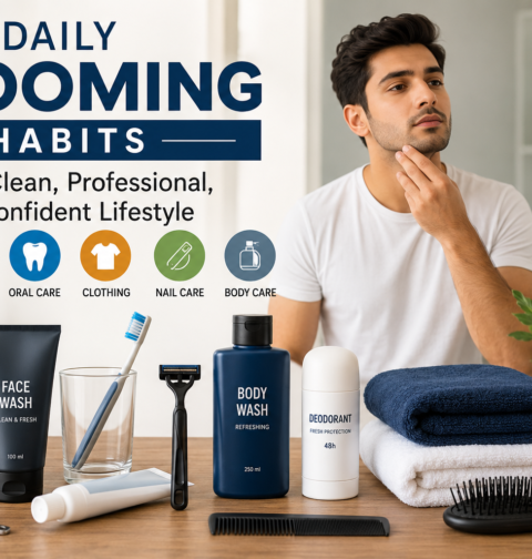 Daily grooming habits with toothbrush, razor, comb, towels, skincare products, and personal care essentials in a clean bathroom.