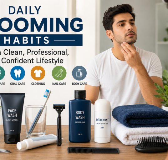 Daily grooming habits with toothbrush, razor, comb, towels, skincare products, and personal care essentials in a clean bathroom.