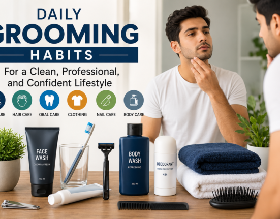 Daily grooming habits with toothbrush, razor, comb, towels, skincare products, and personal care essentials in a clean bathroom.