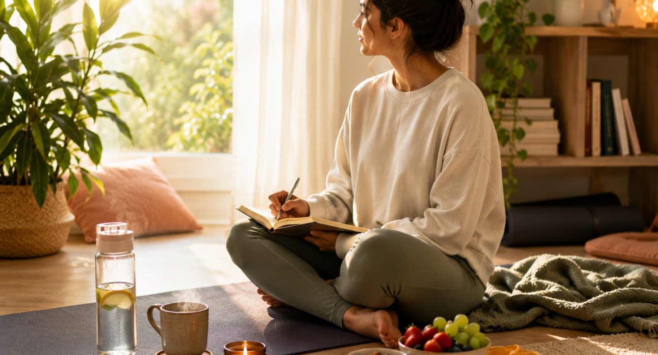 Simple self-care routine with journaling, yoga mat, water bottle, healthy snacks, plants, and warm sunlight in a cozy room.