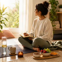 Simple self-care routine with journaling, yoga mat, water bottle, healthy snacks, plants, and warm sunlight in a cozy room.