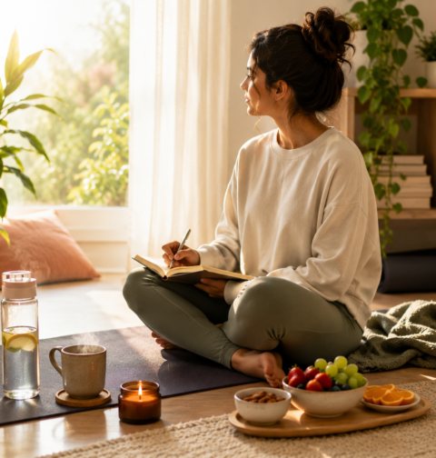 Simple self-care routine with journaling, yoga mat, water bottle, healthy snacks, plants, and warm sunlight in a cozy room.