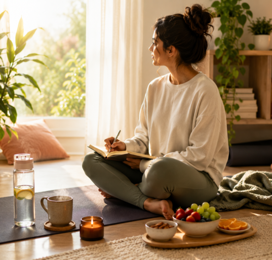 Simple self-care routine with journaling, yoga mat, water bottle, healthy snacks, plants, and warm sunlight in a cozy room.