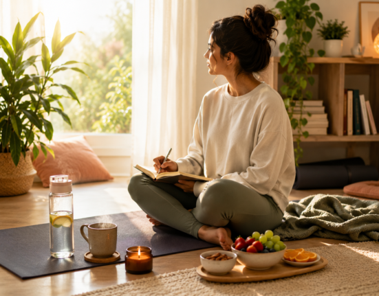 Simple self-care routine with journaling, yoga mat, water bottle, healthy snacks, plants, and warm sunlight in a cozy room.