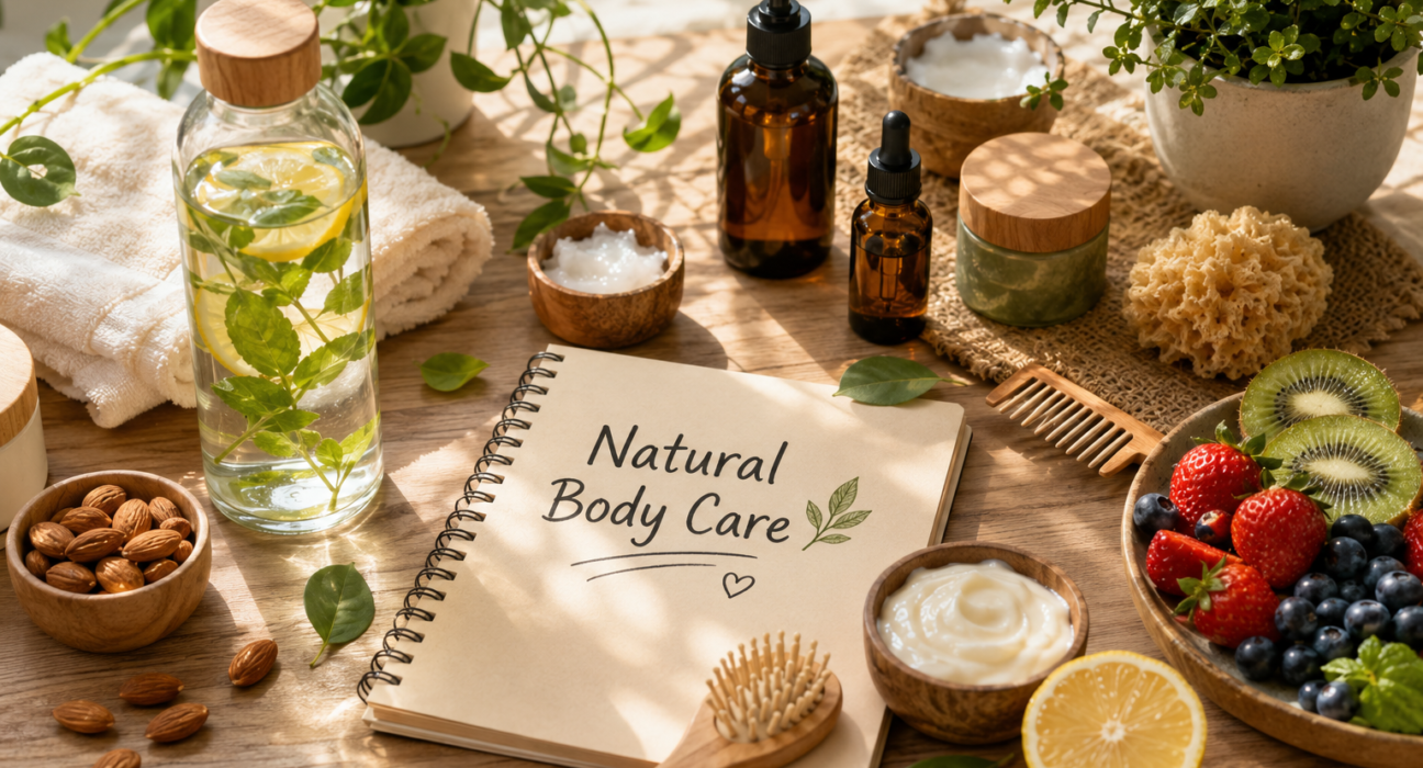 Natural body care routine with herbal skincare products, fresh fruits, water bottle, towel, and natural wellness essentials.