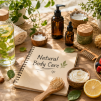 Natural body care routine with herbal skincare products, fresh fruits, water bottle, towel, and natural wellness essentials.