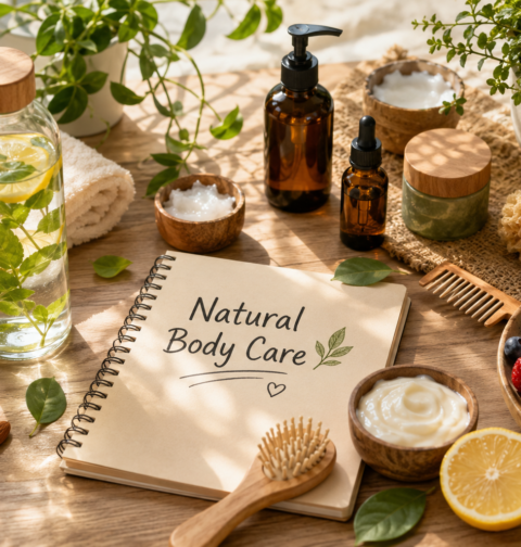 Natural body care routine with herbal skincare products, fresh fruits, water bottle, towel, and natural wellness essentials.