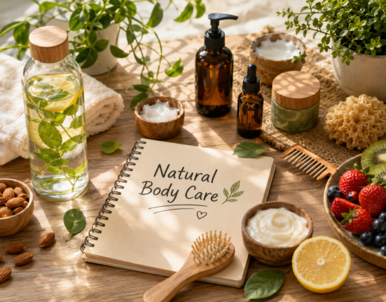 Natural body care routine with herbal skincare products, fresh fruits, water bottle, towel, and natural wellness essentials.