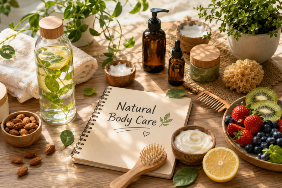 Natural body care routine with herbal skincare products, fresh fruits, water bottle, towel, and natural wellness essentials.