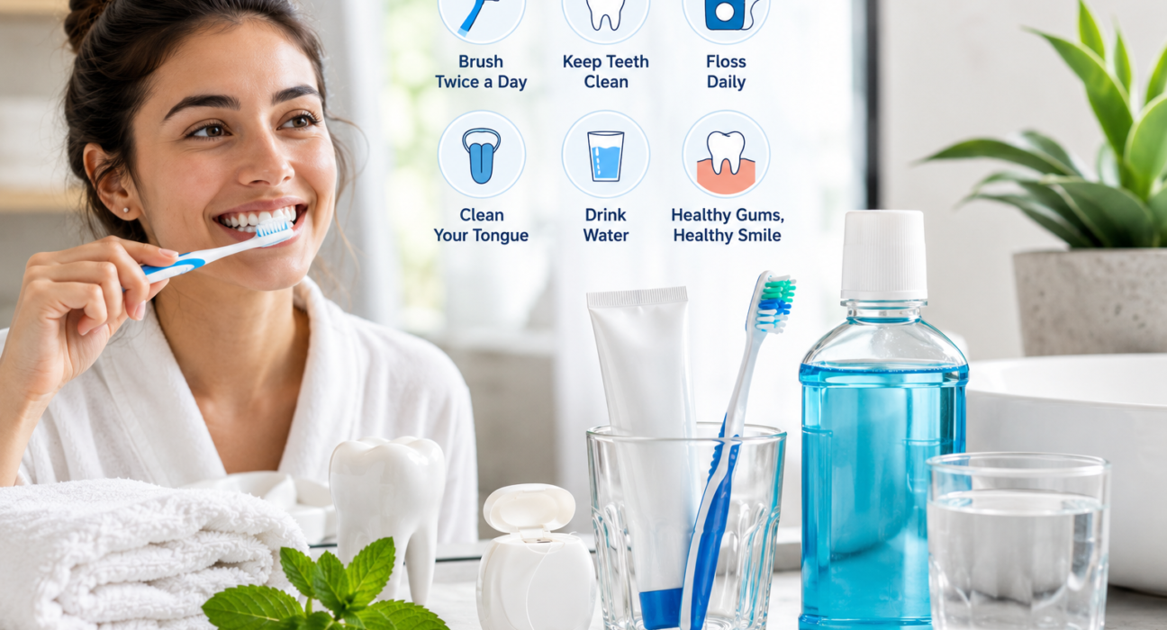 Oral hygiene tips with toothbrush, toothpaste, floss, mouthwash, and clean dental care essentials