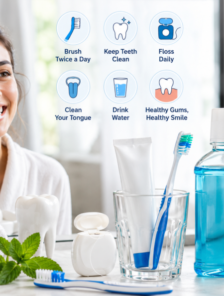 Oral hygiene tips with toothbrush, toothpaste, floss, mouthwash, and clean dental care essentials