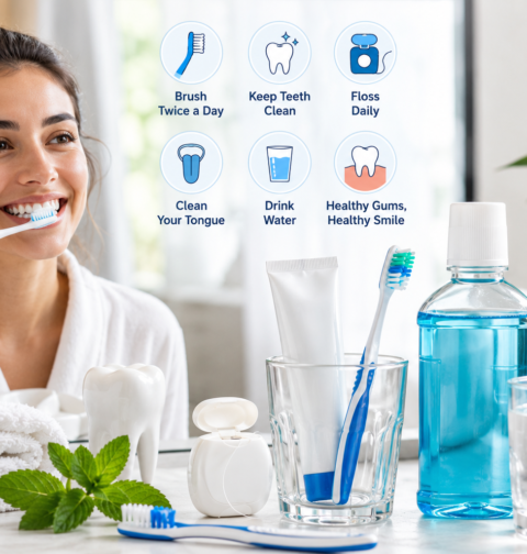 Oral hygiene tips with toothbrush, toothpaste, floss, mouthwash, and clean dental care essentials