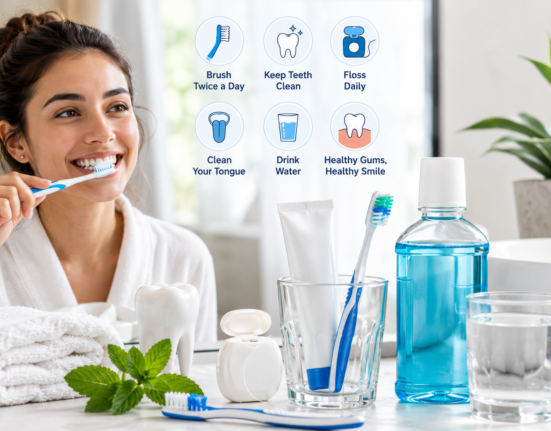 Oral hygiene tips with toothbrush, toothpaste, floss, mouthwash, and clean dental care essentials