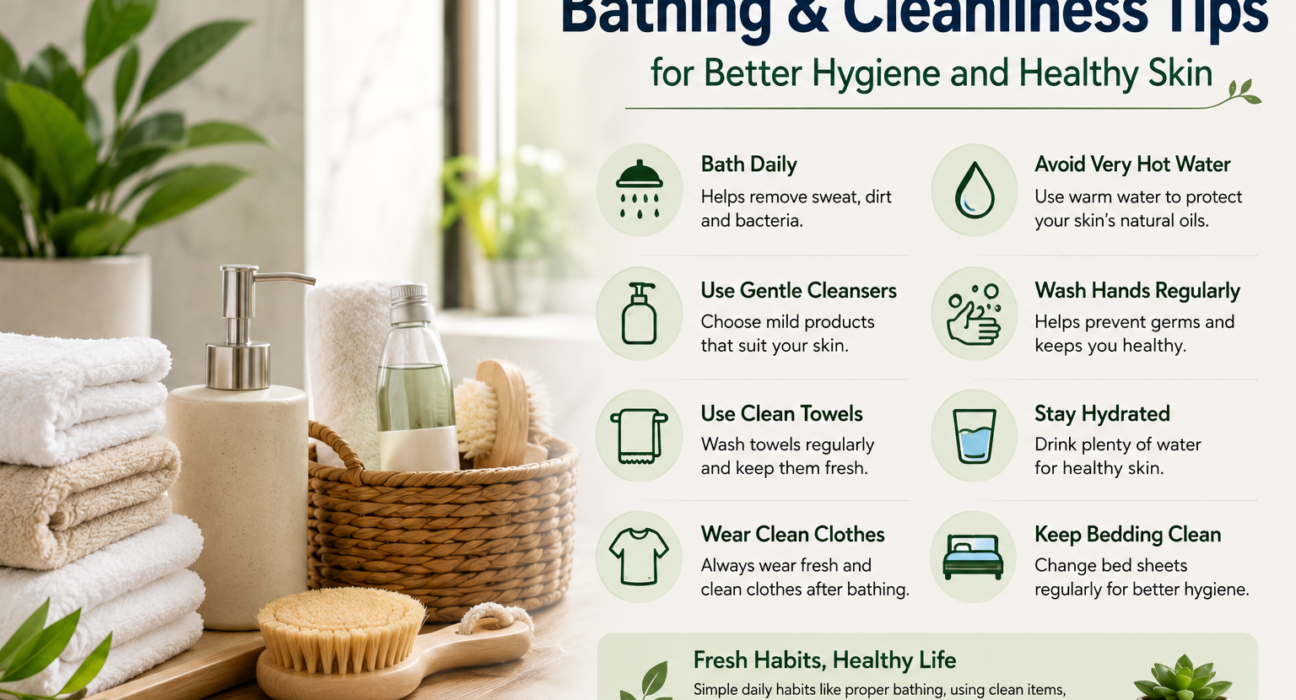 Bathing cleanliness tips with fresh towels, soap, body wash, and clean bathroom hygiene essentials