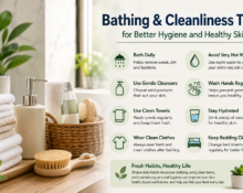Bathing cleanliness tips with fresh towels, soap, body wash, and clean bathroom hygiene essentials