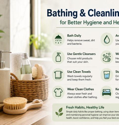Bathing cleanliness tips with fresh towels, soap, body wash, and clean bathroom hygiene essentials