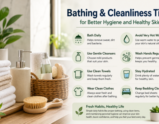 Bathing cleanliness tips with fresh towels, soap, body wash, and clean bathroom hygiene essentials
