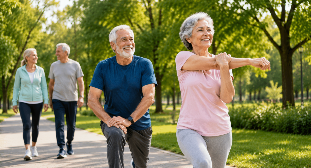 Senior fitness tips with older adults exercising, stretching, and staying active for strength and mobility