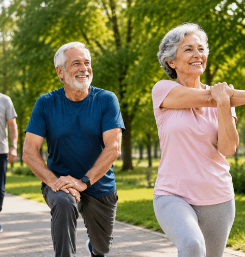 Senior fitness tips with older adults exercising, stretching, and staying active for strength and mobility