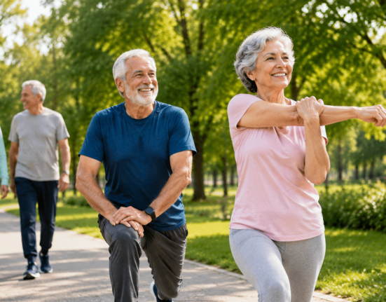 Senior fitness tips with older adults exercising, stretching, and staying active for strength and mobility